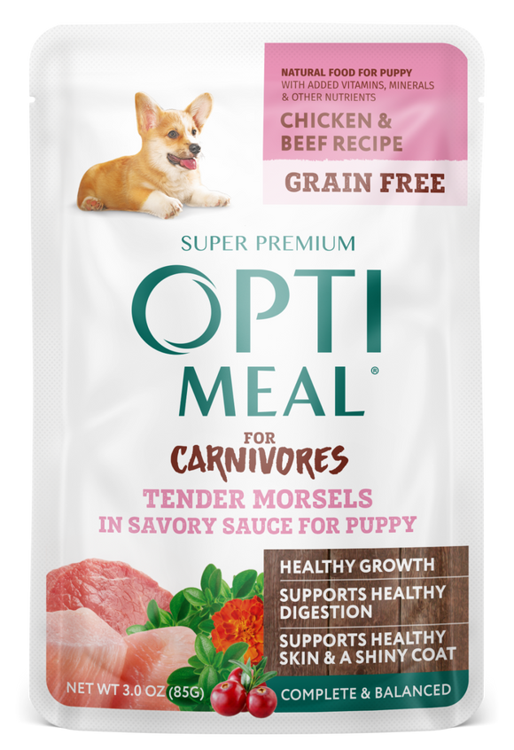 Optimeal Tender Morsels 3oz Grain Free Dog Pouch Chicken Beef Puppy