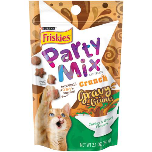 Friskies Cat Treats  Party Mix Crunch Gravylicious Turkey & Gravy Flavors  2.1 oz. Pouch