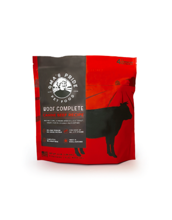 Oma's Pride Raw Frozen Dog Food | Woof Complete Patties Beef Recipe 3 lb
