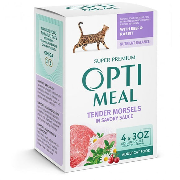 Optimeal Adult Cat Tender Morsels Beef & Rabbit 3 oz. Pouch 4 Pack