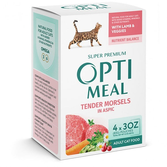 Optimeal Adult Cat Tender Morsels Lamb & Veggies 3 oz. Pouch 4 Pack