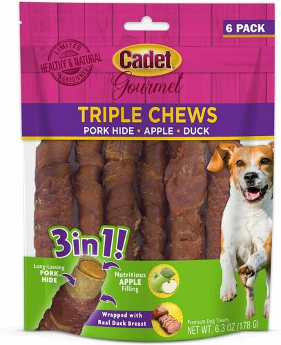 Cadet Triple Chew Dog Treat and Chew Pork-hide Wrapped in Duck Stuffed with Apple  6 Count
